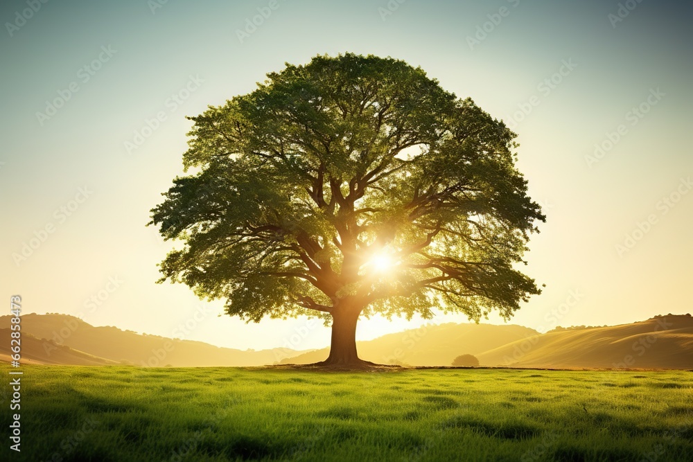 Poster a tree in a field with the sun shining through the leaves. generative ai