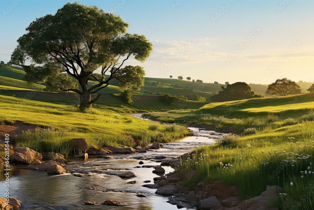 Poster a stream running through a lush green field next to a forest. generative ai