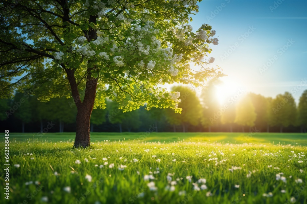 Poster a tree in a grassy field with the sun behind it. generative ai