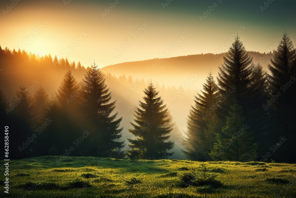 Poster the sun is setting over the trees in the forest with fog. generative ai