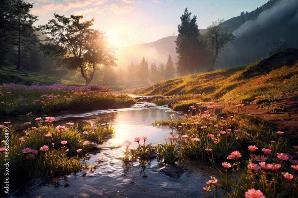 Poster a stream running through a lush green forest filled with flowers. generative ai
