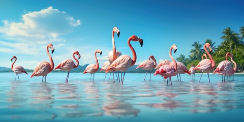 Travel and resort banner with funny pink flamingos standing in clear blue sea with clear sunny sky. Concept of summer vacation, traveling and resting on sea resort. - obrazy, fototapety, plakaty