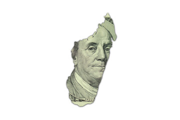 map of madagascar on a american dollar money texture on the white background. finance concept.
