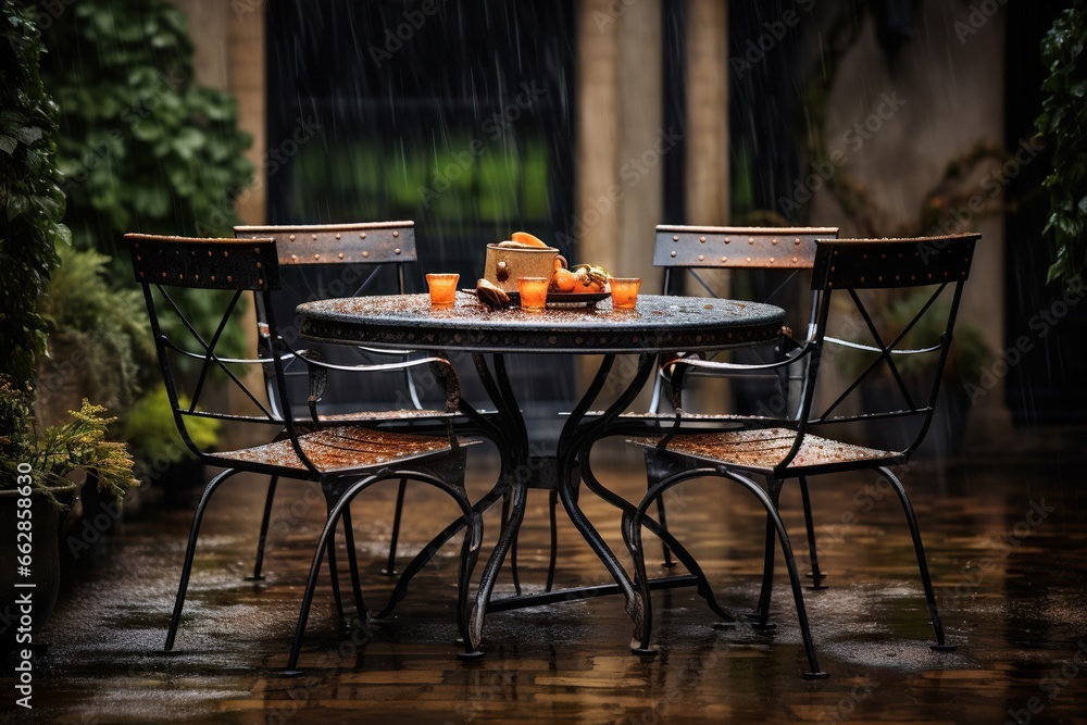 Aufkleber a table with four chairs around it and a basket of oranges on top of it. generative ai