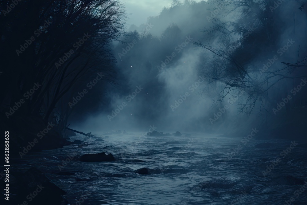 Aufkleber a river in the middle of a forest with fog in the air. generative ai