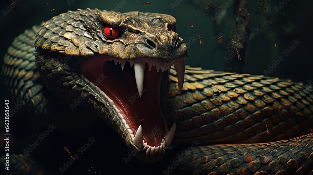 Poster a large snake with its mouth open and it's mouth wide open. generative ai