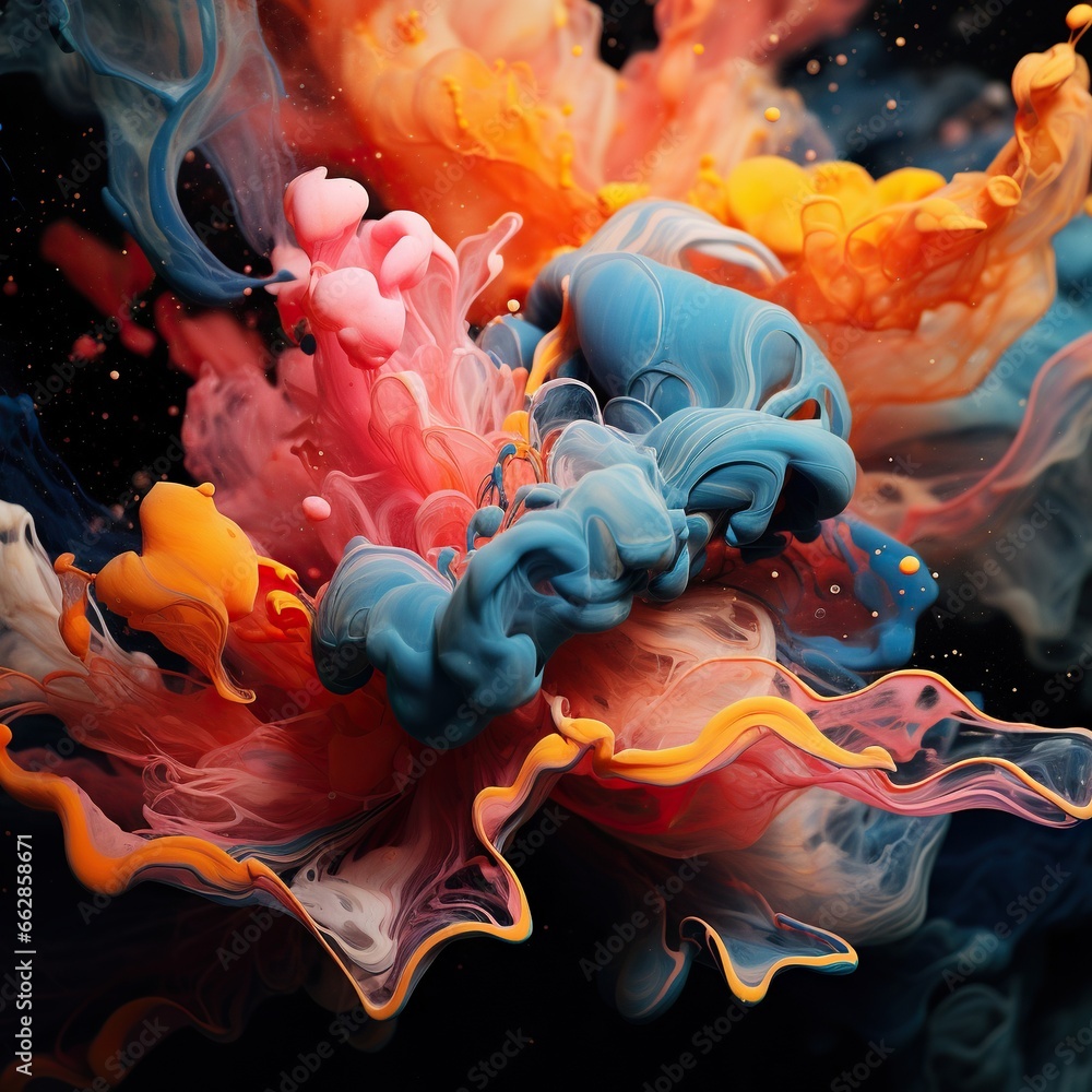 Poster a mixture of colored inks floating in the air with space in the background. generative ai