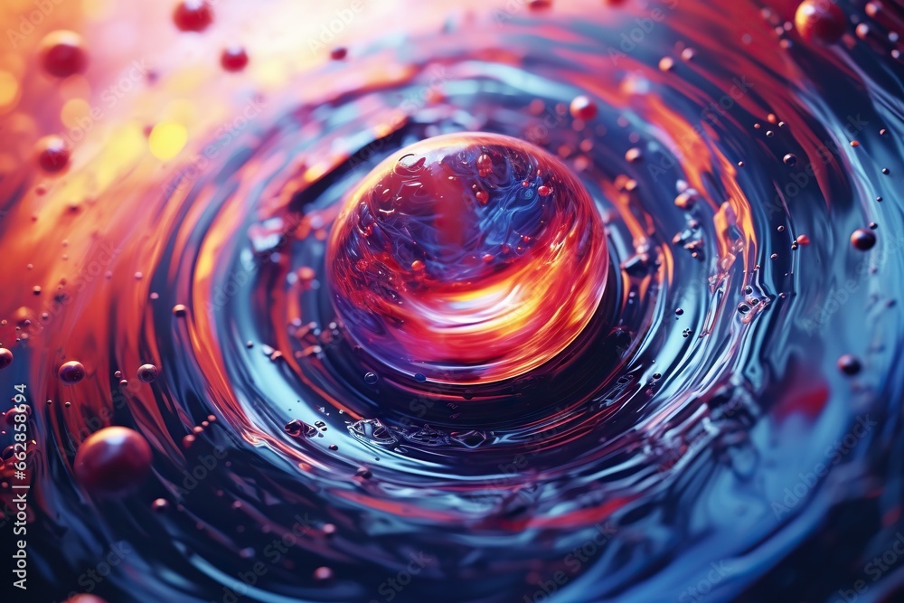 Poster a close up of a water drop with a red and blue swirl. generative ai