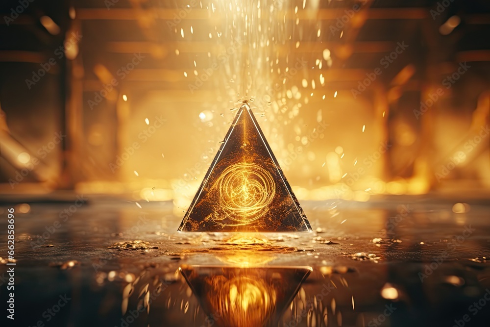 Poster a triangle shaped object with a light coming out of it. generative ai