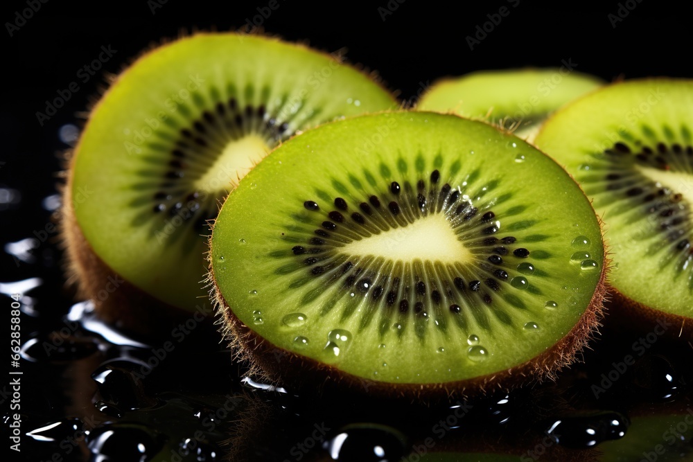 Poster a close up of kiwi slices on a black surface. generative ai