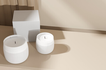 White aroma candle with box mockup on beige background. 3D render.