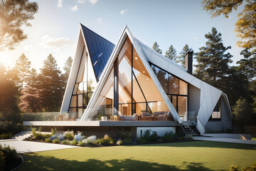 A stunning modern residential suburban building with A-frame architecture, featuring a luminous triangular house with floor-to-ceiling windows that flood the interior with natural light.