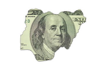 map of nigeria on a american dollar money texture on the white background. finance concept.