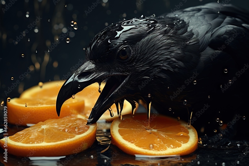 Poster a black bird with its beak open and orange slices on the ground. generative ai