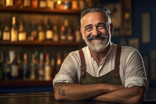 Portrait of a cheerful bearded mature Caucasian bartender. He looking at camera and smiling as he stands behind the counter of his establishment. Photo format 3:2.
