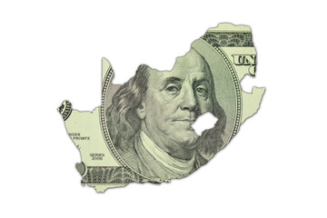 map of south africa on a american dollar money texture on the white background. finance concept.