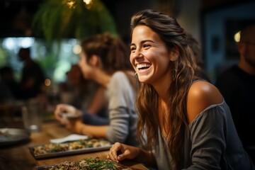 Fototapeta premium Portrait femme souriante entouré de ses amis dans un bar, restaurant, moment conviviale en groupe
