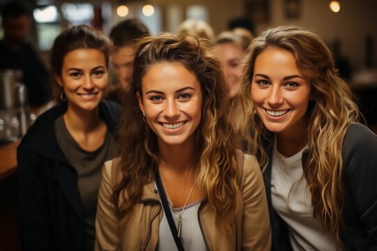 Portrait femme souriante entour&eacute; de ses amis dans un bar, restaurant, moment conviviale en groupe