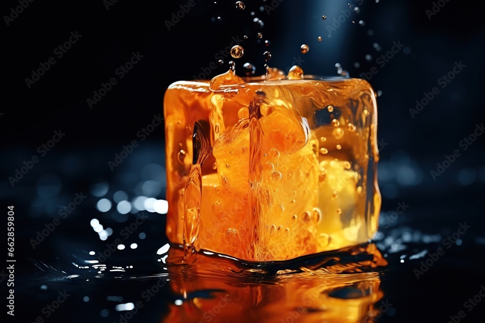 Poster an orange cube of ice with water splashing on it. generative ai