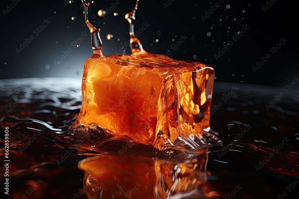 Aufkleber an orange cube of ice with water splashing on it. generative ai