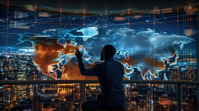 A businessman immersed in generating a wireframe for a global network connection