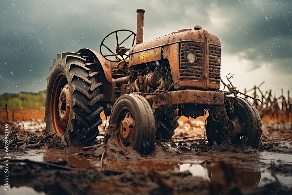 Poster an old rusty tractor sitting in a muddy field with a storm in the background. generative ai