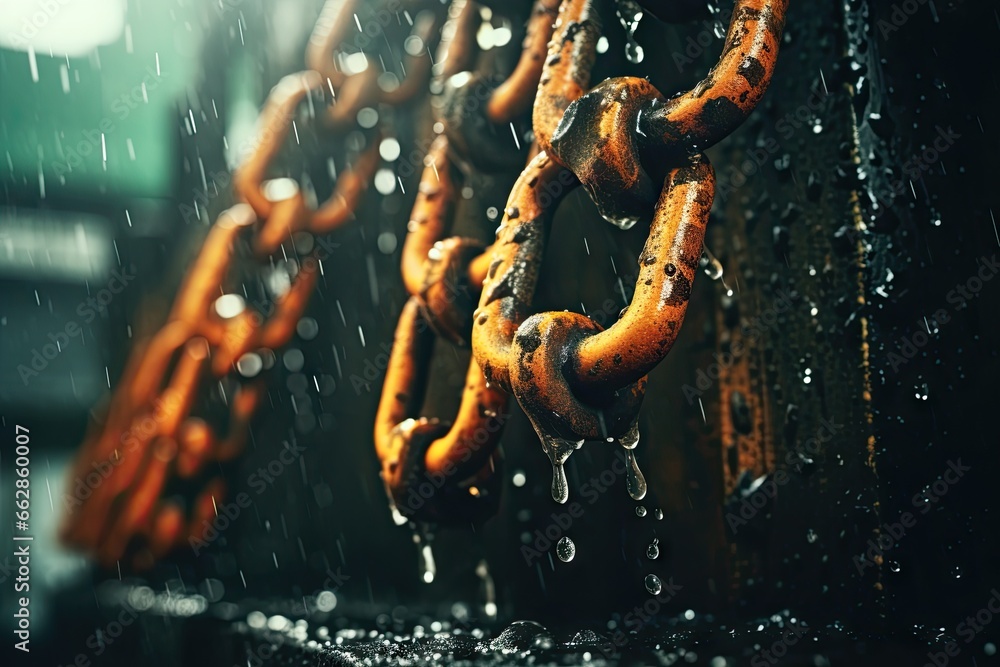 Poster a bunch of chains hanging from a chain in the rain. generative ai