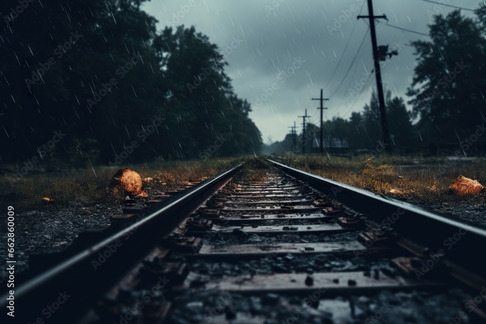 Poster a train track in the middle of a field with trees in the background. generative ai