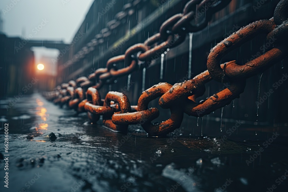 Poster a row of chain link sitting on top of a wet ground. generative ai