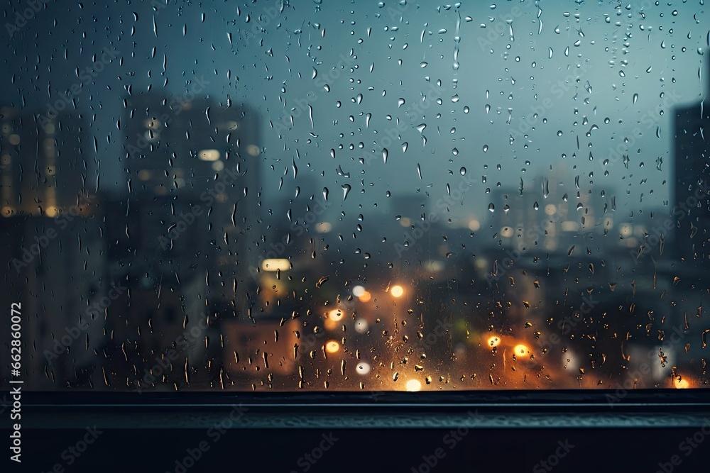 Poster a view of a city from a window with rain drops. generative ai