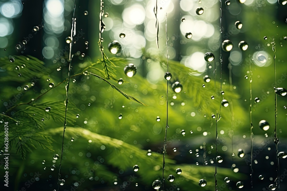 Poster rain drops on a window with a green leaf in the foreground. generative ai