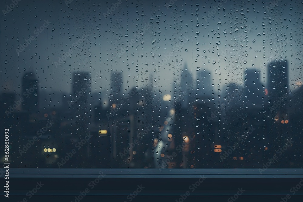 Poster a window with rain drops on it and a city in the background. generative ai