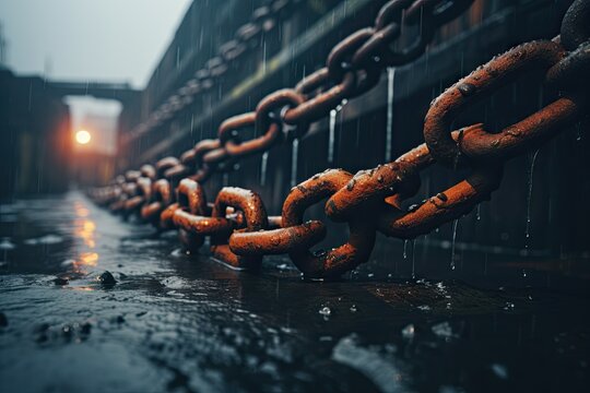  a row of chain link sitting on top of a wet ground.  generative ai