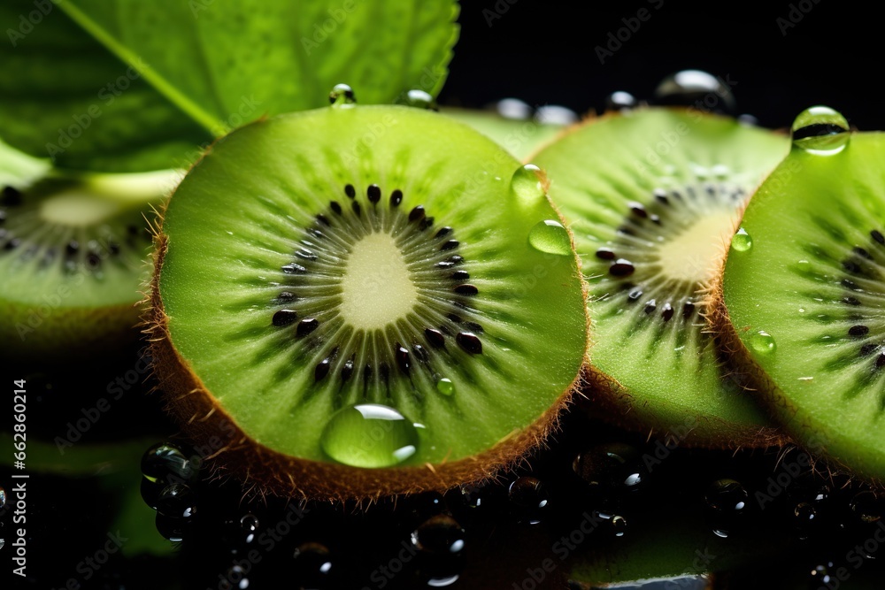 Poster a close up of a sliced kiwi on a table. generative ai