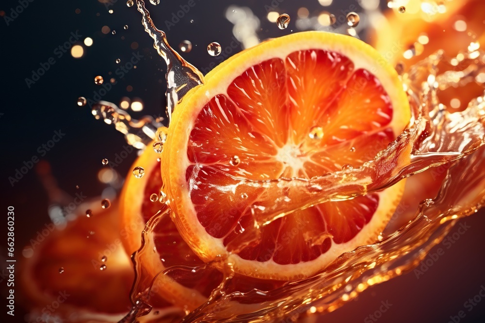 Poster  a grapefruit cut in half with water splashing on it.  generative ai