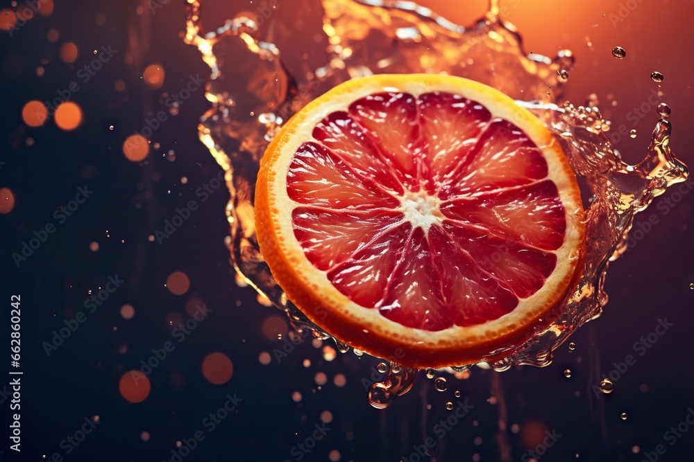 Aufkleber a grapefruit cut in half with water splashing around it. generative ai