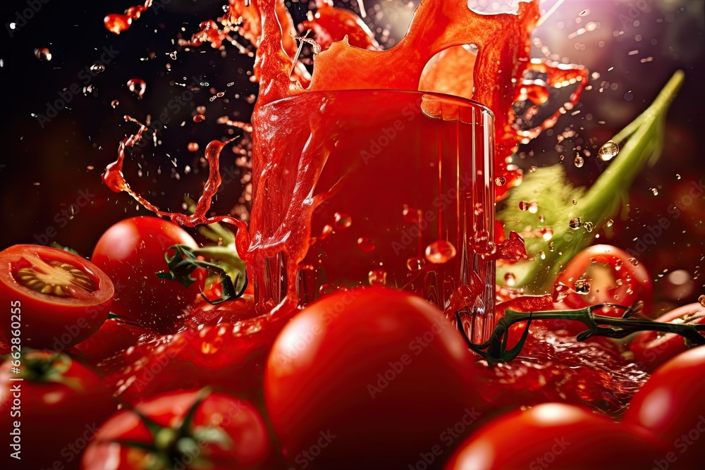 Poster a group of tomatoes splashing into a blender with a red liquid. generative ai