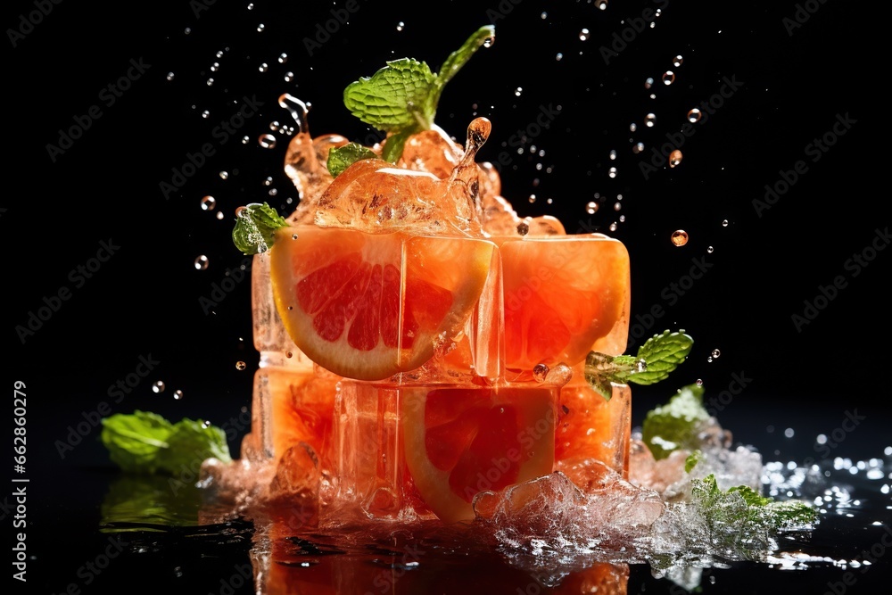 Poster a group of orange slices and mints splashing into a glass of water. generative ai