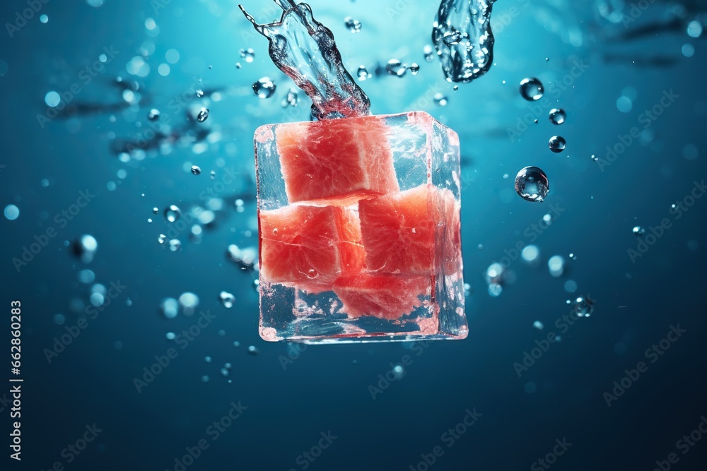 Poster a cube of water with slices of watermelon in it. generative ai