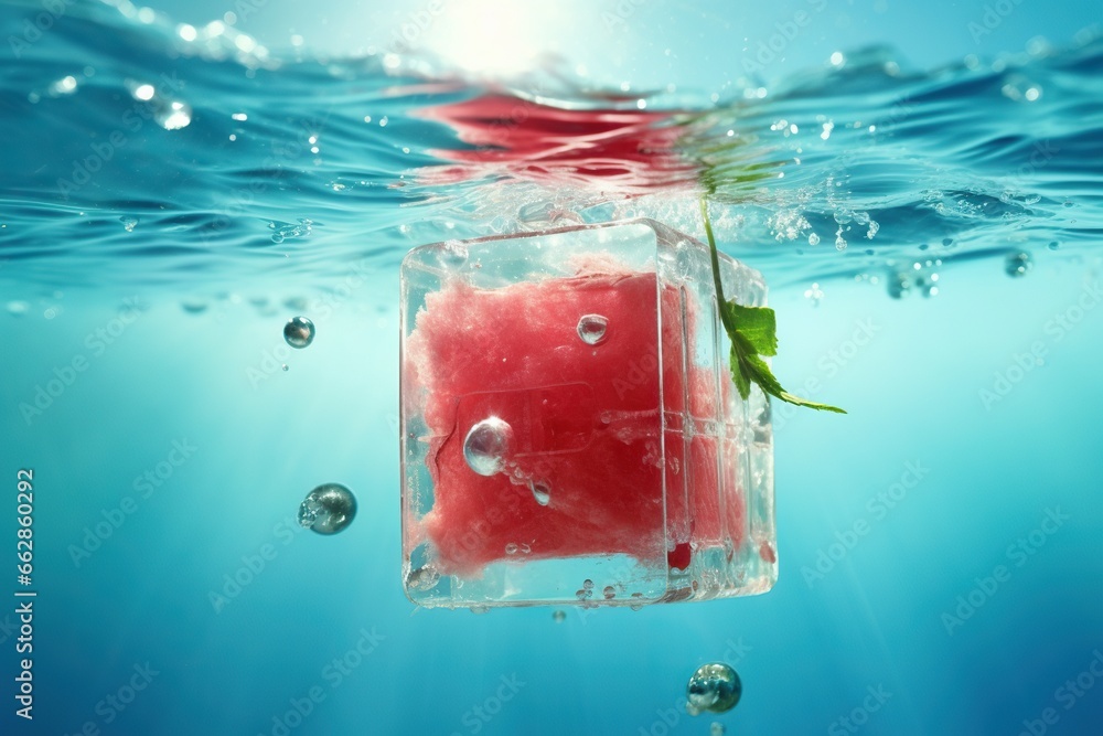 Poster a square piece of watermelon floating in the ocean. generative ai