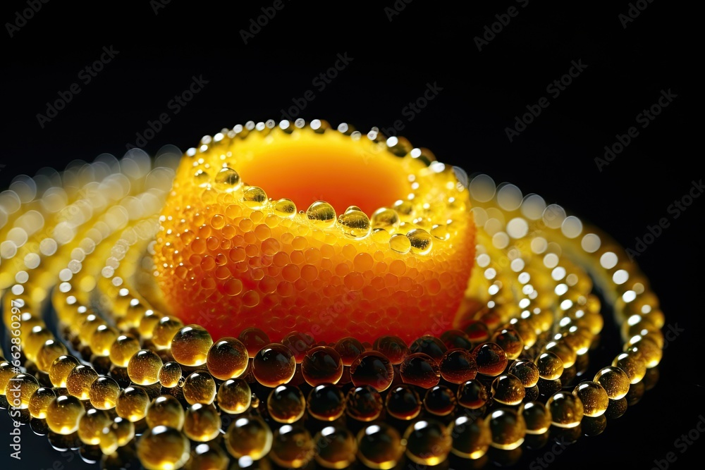 Poster a close up of a orange on a black background with bubbles. generative ai