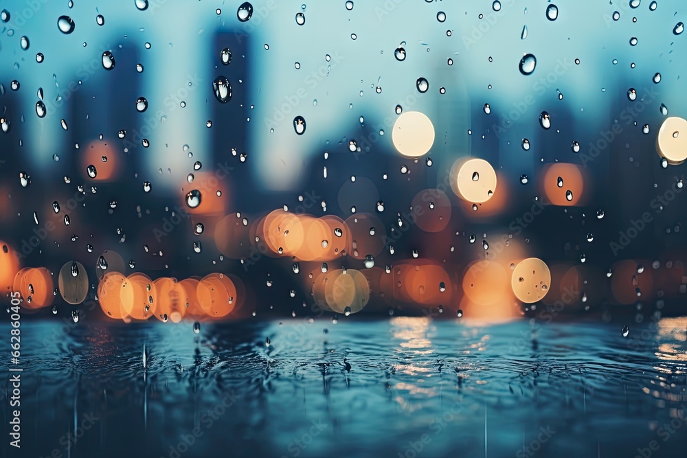 Poster rain drops on a window with a cityscape in the background. generative ai