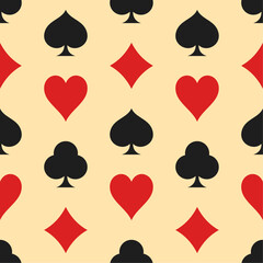 Card suits vector seamless pattern. Hearts, crosses, spades and diamonds on beige background. Best for textile, casino decor, wallpapers, wrapping paper, package and web design.