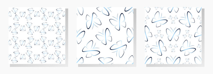 Fototapeta na wymiar Blue line butterflies on white background. Vector seamless patterns set. Best for textile, print, wallpapers, and wedding decoration.