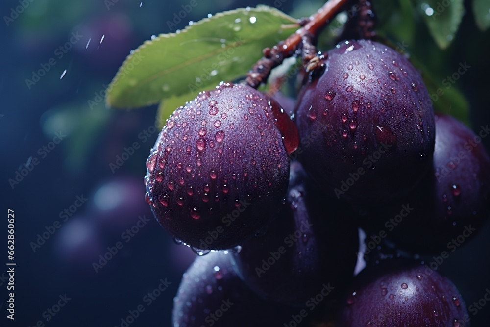 Poster a bunch of plums hanging from a tree branch in the rain. generative ai