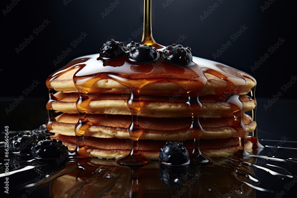 Poster a stack of pancakes covered in syrup and syrup being drizzled with syrup. generative ai