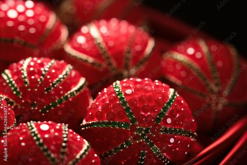 Poster a close up of a bowl of red ornaments with sequins. generative ai