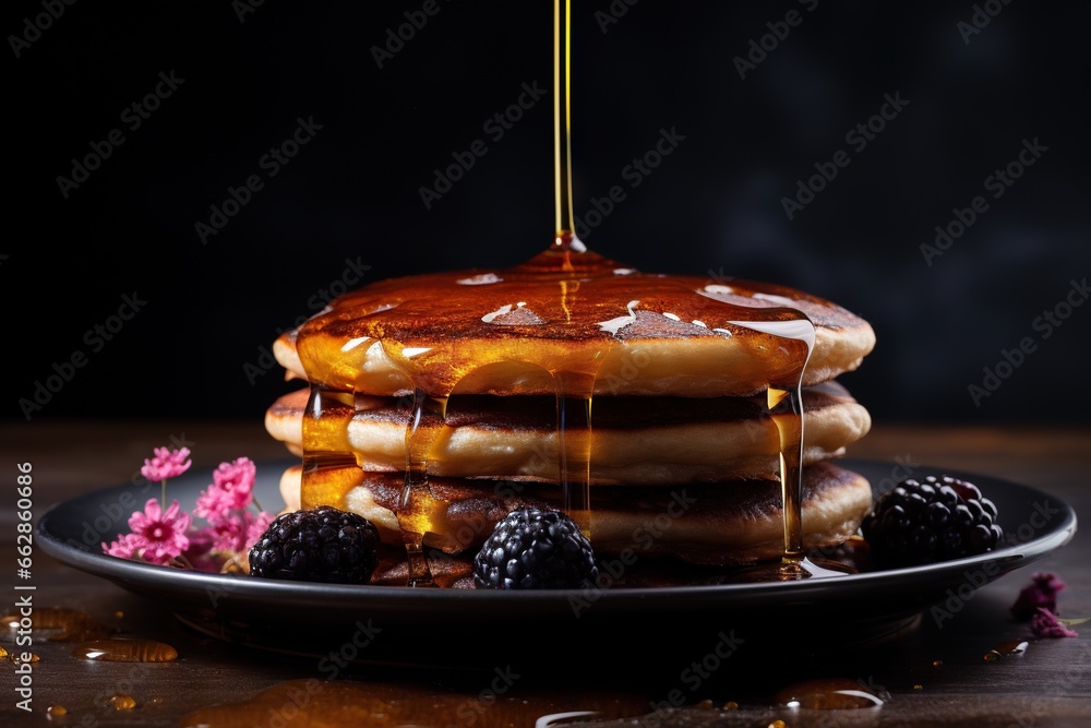 Poster a stack of pancakes with syrup and berries on a plate. generative ai