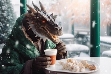Dragon and a cup of coffee in a cafe in winter