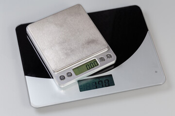 Two different empty digital table top scale on gray background